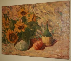 Signed oil painting of sunflowers & chianti