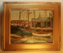 SOLD - Harbor scene by American artist John Carl Doemling, 1892-1955.  Sight size 16" x 20".