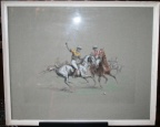 A serious game of polo.  Framed image of polo game in gouach and charcoal by listed artist Eugene Peychaubes, 1890 - 1967