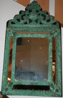 SOLD - Small mirror in metal frame with lovely green patina