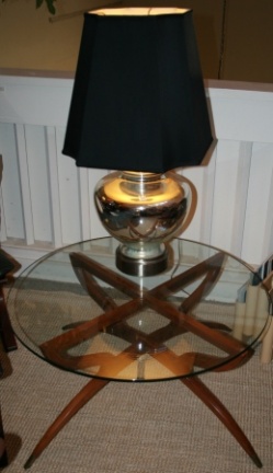 Mid century designer Adrian Pearsall walnut table with round glass top