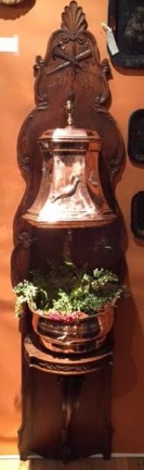 Rare French Antique copper Lavabo with the original carved fruitwood back plate.  Copper has heart and bird design.