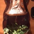 Antique French Lavabo.  Copper cistern and basin with repousse heart and birds on original carved fruit wood back plate.
