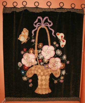 SOLD - Embroidery on Velvet of French basket, flowers and butterflies