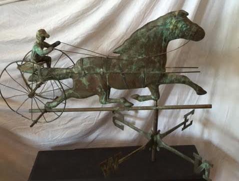 Early copper weathervane horse with sulky, rider and directionals