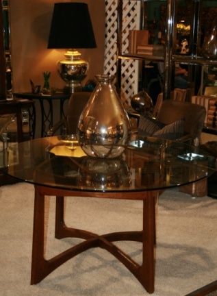 Adrian Pearsall glass topped table with mercury glass tall vase