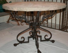 SOLD - Vintage Round Stone Topped Hand Wrought Iron Table