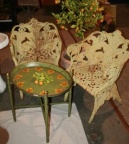 Painted tray stand table in green and orange