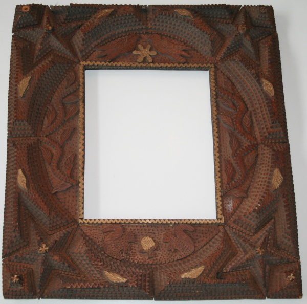 SOLD:  Tramp art frame with squirrels and birds