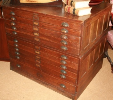 SOLD - Antique circa 1900 oak 11 drawer map / file cabinet with all original hardware and nicely detailed paneled sides.