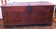 Antique French carved oak chest with great original iron hardware.