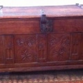 Antique French carved oak chest with great original iron hardware.