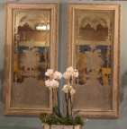 Fine pair of wood framed mirrors with decorative etched glass
